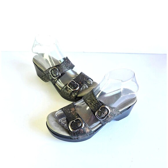 DANSKO Sophie Sandals Metallic Python Leather Sz 37 6.5 7 Black Sparkly Comfort - Picture 1 of 14